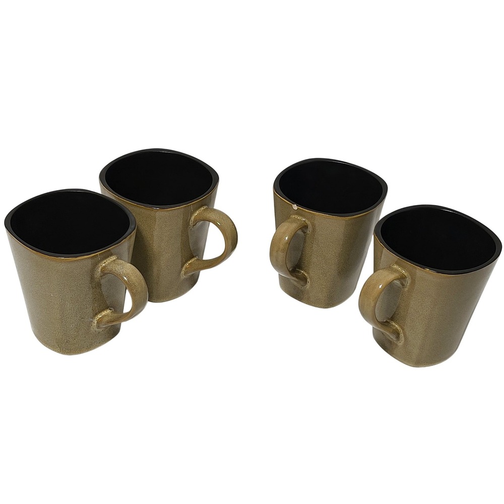 Home Trends Set of 4 Olive Tan and‎ Black Square Tapered Stoneware Coffee Mugs